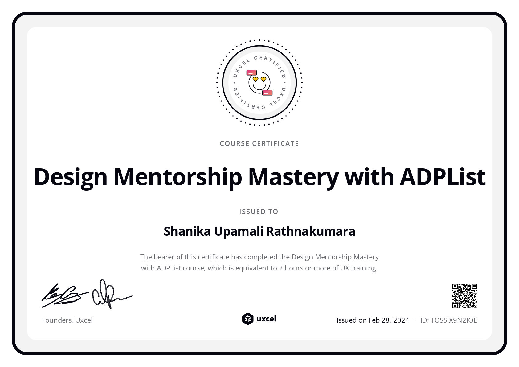 Shanika Upamali Rathnakumara's certificate